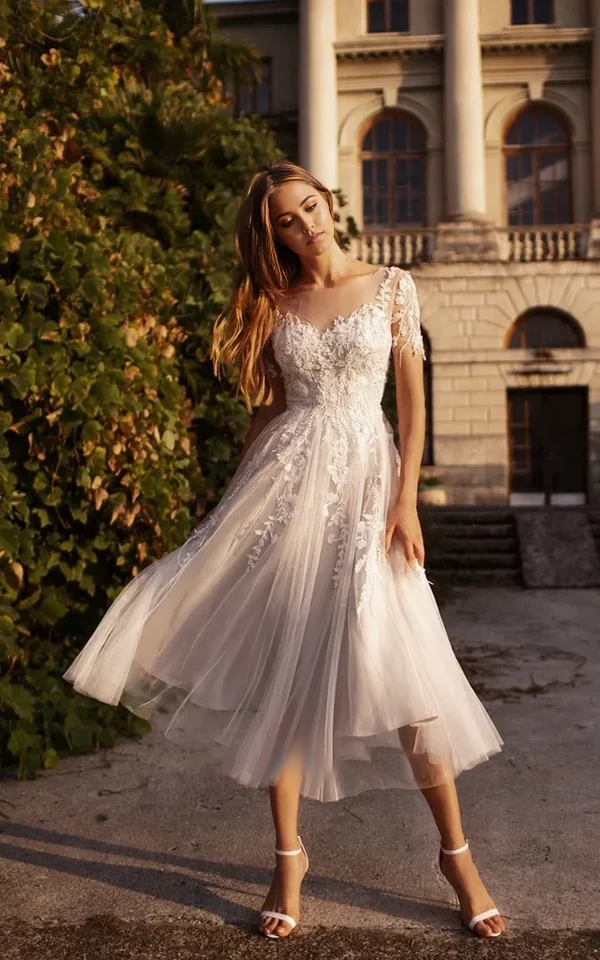 Wholesa A-Line V-Neck Tea Length Sleeves Ethereal Button Back Wedding Dress